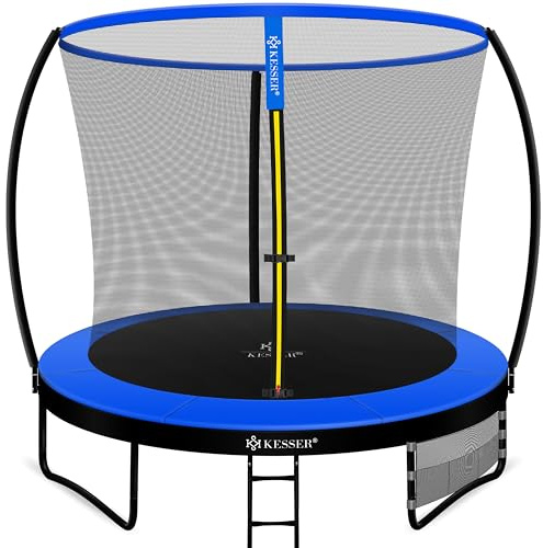 KESSER® Trampolin Ø 244 cm | TÜV Rheinland GS Zertifiziert | Gartentrampolin für Kinder bis 150 kg | Komplettset mit Sicherheitsnetz, Leiter, Randabdeckung, Seitentasche und Zubehör