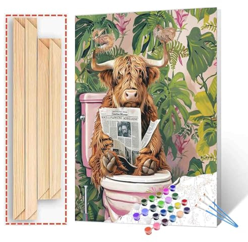 Tucocoo Highland Cow Badezimmer Malen nach Zahlen Kits mit Pinseln und Acrylpigmenten auf Leinwand, Gemälde für Erwachsene, rustikale Tiere, grüne Pflanze, Bild für Zuhause, Wanddekoration, Geschenke
