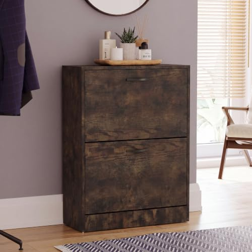 Vida Designs Schuhkipper mit 2 Klappen | 80 H x 60 B x 24 T cm | Dunkle Holz | Platzsparender Schuhschrank für bis zu 10 Paar Schuhe | Kippschutz | Flurmöbel für Eingangsbereich