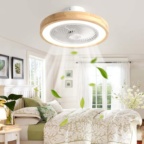 Lrenjon Plafonnier Ventilateur de Plafond LED Silencieux, Ventilateur Plafond Bois avec Lumière 6 Vitesses Réversible Dimmable, Rond Lampe Ventilateur Plafond pour Chambre Salon Chambre D'enfant