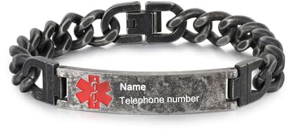 Medizinisches Alarmarmband, Personalisiertes Medizinisches Armband für Männer, Edelstahlarmband für Frauen, Diabetes-Armband. Individuell graviertes medizinisches ID-Armband (C-22cm-Schwarz)