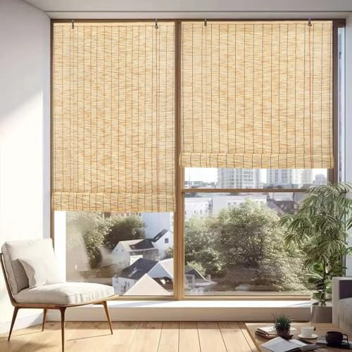 Bambusrollo Aussenbereich Wetterfest,Outdoor Vorhang,Senkrechtmarkise Außen,Rollo Bambus Jalousie,Bambus Jalousien Innen Fenster,Sonnenschutz Balkon,Raffrollos für Terrassen(Color:Natural Black Line,S