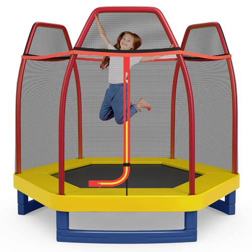 COSTWAY Ø223cm Gartentrampolin mit Sicherheitsnetz, gepolsterten Stangen & Randabdeckung, Trampolin Kindertrampolin bis 150KG belastbar, Indoor-/Outdoortrampolin für Kinder ab 3 Jahre (Orange)