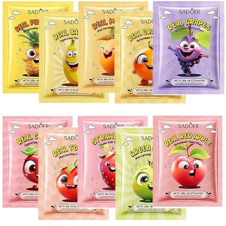 Pack de 10,Pura Mascarilla Natural de Frutas,Hidratante, humectante, limpieza profunda de los poros, nutritiva, anti-envejecimiento, hoja de mascarilla para todo tipo de piel Skincare