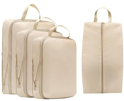 Lxoraziy Koffer Organizer Set 4-teilig, Travel Packwürfel mit Kleidertaschen Schuhbeutel, Kompressions-Packwürfel-Set, Packwürfel Set Reise Würfel, Ordnungssystem für Koffer - Beige