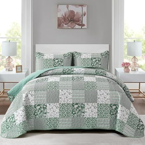 Mybedsoul Grünes Bettwäsche-Set für Doppelbett, 2-teilig, kariert, Blumenmuster, Patchwork, wendbares Bettwäsche-Set, Mikrofaser, leichte Tagesdecke, Decken-Set für alle Jahreszeiten, 172,7 x 218,4 cm