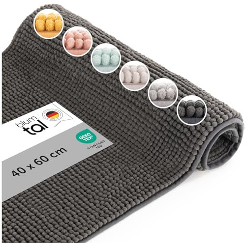 Blumtal Alfombra Baño Secado Rapido Chenille - 40x60 cm Alfombrilla Baño Antideslizante - Certificado Oeko-Tex - Alfombrilla Ducha Lavable Bathroom Mat Bath Mat - Tapete WC Gris Oscuro