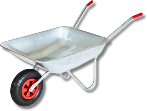 SAKUSEI Tools - Galvanised Wheelbarrow 65L Pneumatic Metal Wheel Barrow, Galvanised Tub
