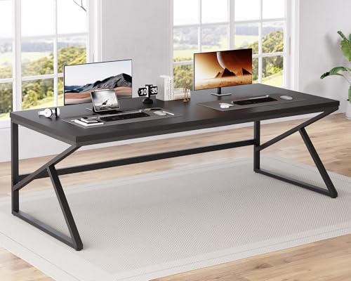HSH Stort skrivbord 2 personer datorbord PC-bord som kontorsbord för hemmakontor av träbord och metall industriell design svart 200 cm