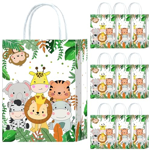 10 Stk Dschungel Safari Party Taschen, Geschenktüten Papiertüten mit Henkel | Motiven Design mit Dschungel Safari Tiere, 21x15x8 cm, Mitgebseltüten zum Mottoparty, Giveaways, Kindergeburtstag, Geschenken
