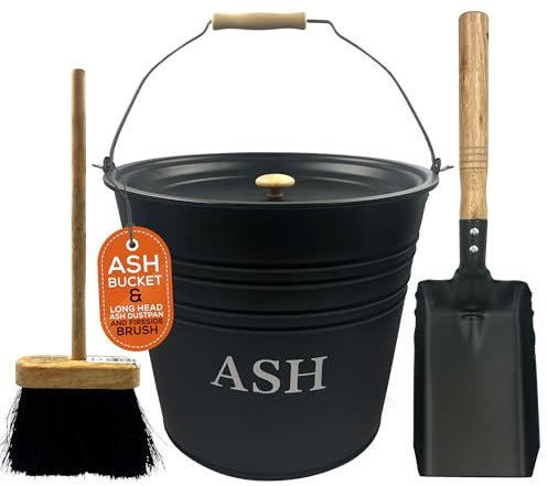 Cottagewright Ash Bucket with Lid and Dustpan and Brush - Essential Log Burner Accessories Coal Bucket for Safe Ash Storage & Fireplace Maintenance Durable Metal Construction