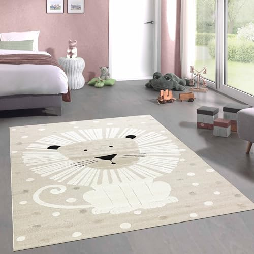 CARPETIA Kinderteppich Löwenmotiv Beige Creme 3D-Effekt 120x170 cm | Pflegeleicht, strapazierfähig, hautsympathisch und schadstofffrei, OEKO-TEX geprüft, für Fußbodenheizung & Kinderzimmer