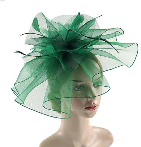 Fascinators Hut Hochzeitshut Kopfbedeckung Vintage Schleier Hut Brautschmuck HaarClip Hut Party Kirche Hochzeit Festival Mesh Kopfbedeckung Stirnband Federhut Mesh Hut Feder Blumen (Green, One Size)