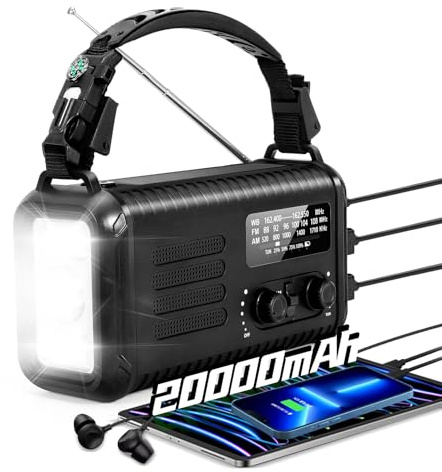 20000mAh Emergency Crank Radio, NOAA/AM/FM Portable Weather Radio, Solar Hand Crank Radio, Battery Powered with USB Phone Charger, Flashlight Reading Lamp & SOS for Survival Camping (Black)