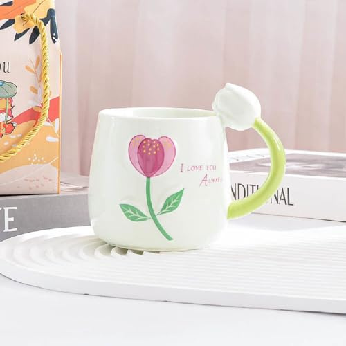 VollfitYYu Bonita taza de café de tulipán con diseño de flores de tulipán 3D, asa de 400 ml, taza de porcelana para mujeres, amantes de las flores, niñas, Navidad, día de la madre, cumpleaños (azul