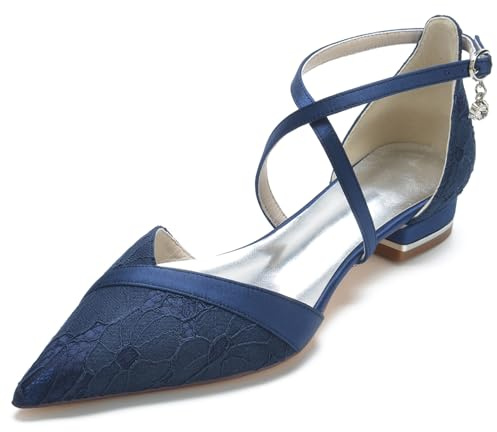 Femmes Dentelle À Lanières Chaussures De Robe Talon Bas Ballerines Bout Pointu Fête De Mariage Chaussures De Bal pour La Mariée