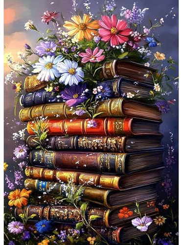 MAXBYE Bücher Blumen Diamond Painting Art Kits, 5D Diamond Kunst Komplett Set DIY Gem Kunsthandwerk für Erwachsene Anfänger, Runde Diamant Bilder Kristall Kreuzstich Home Wall Decor Geschenk 30x40cm