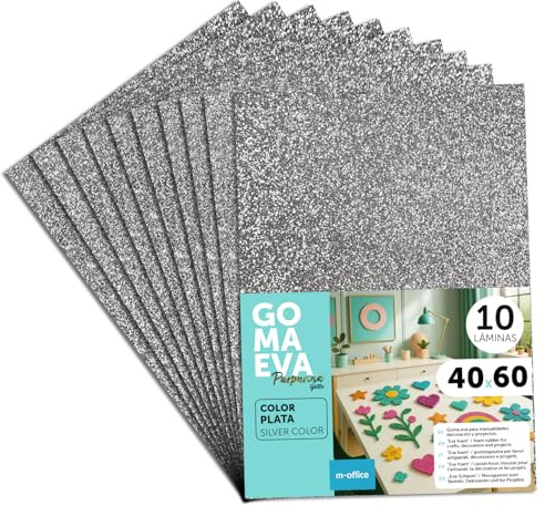 Moosgummi Platten mit Glitzer 40x60cm, Bunte EVA Foam Bastelplatten für Kinder, DIY, Schule, Deko & Kunstprojekte – Ideal als Bastelpapier, Moosgummi mit Glitzer – m-office (Silber, 10 uds)