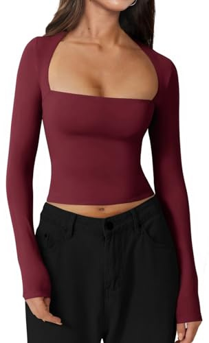 INFITTY Going Out Tops for Women UK Square Neck Long Sleeve Crop Top Solid Color Slim Fit T-Shirt Y2k Streetwear Wine-Red L