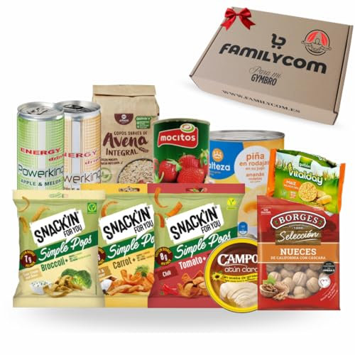 FAMILYCOM Caja Gourmet Fit para Regalar - Cesta de Snacks saludables para Deportistas - Avena, Verdura deshidratada, Fruta,bebida energética - Regalo Original para Amigos, Novios o Amigas fit.