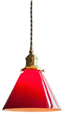 NICRX Suspension Vintage en Verre avec Cordon Réglable E27 – Luminaire Suspendu Rétro en Laiton pour Cuisine Salle à Manger Chambre Café Bar – Abat-jour Cône ou Cloche (Cône rouge)