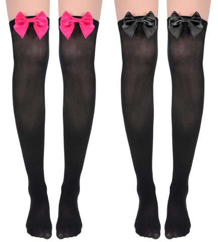 2 Pair Black Knee High Socks with Bows, Black Hold Up Stockings with Bows over Knee, Black Thigh High Stockings for Women Halloween, Carnival Parties, Cosplay
