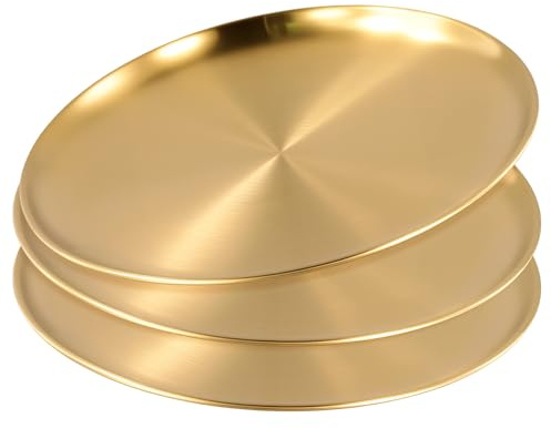 PINGEUI 3 Pcs Gold Stainless Steel Dinner Plates, 26cm Round Metal Dinner Plate Serving Tray for Camping, Barbecue, Picnics, and Outdoor Use