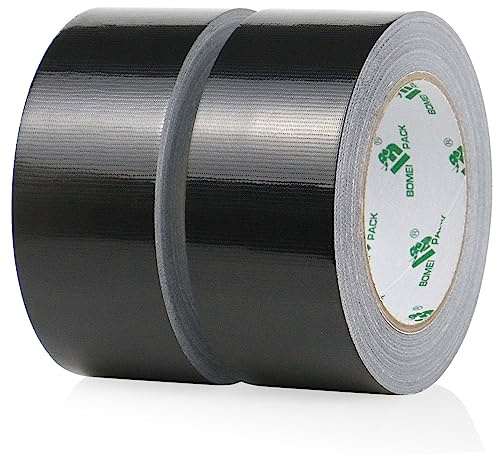 BOMEI PACK 2 Rolls Black Duct Tape 2 inch Reinforced Waterproofs Black Gaffer Tape 50mm x 50m Ducts Fixing Repairing DIY craft Labeling Heavy Duty Moving Boxes Sealing