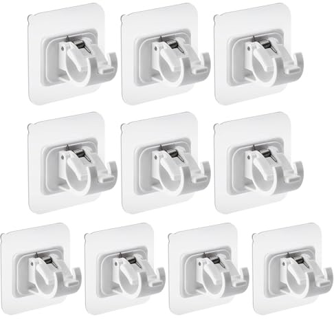 Bohoray 10Pcs Self Adhesive Curtain Pole Brackets No Drill Drapery Hook Holder Fixing Rod Holder Curtain Pole Wall Bracket Towel Rod Hook Home Bathroom Kitchen Hotel Towel Clothes Hanging (White)