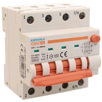 Interruttore Differenziale Magnetotermico Trifase 380V Tipo A 300mA 25A C25, 4P Vero (NO 3P+N), Curva C 6kA, Doppio Leva con Diagnostica Visiva, 4 Moduli DIN, Serie PL8M4