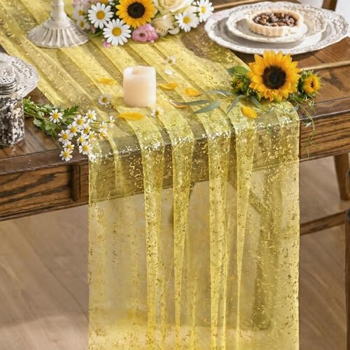Artoid Mode Gaze Tüll Glitter Folie Gelb Gold Frühling Tischläufer 70x300 cm, Sommer Küche Tisch Dekoration Drinnen Urlaub Party Dekor