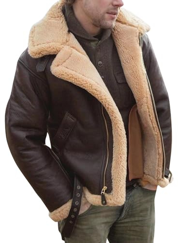 SOOUICKER Bomberjacke Herren Winter Gefüttert Lederjacke Fell Warme Winterjacke Vintage Fliegerjacke Lammfell Fleecejacke Outdoor Übergangsjacke Fleece Elegant