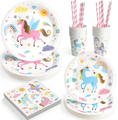 Set Einhorn Partygeschirr Kindergeburtstag, Pappteller Servietten Becher Strohhalme Einhorn Geburtstagsdeko Mädchen Junge Magisch Geburtstagsteller Bunt Partyteller Geschirrset 12 Personen
