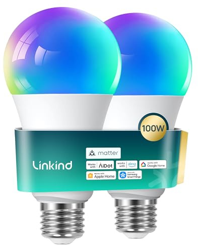 Linkind Matter E27 Smart LED Lampe 1600lm 14W, RGBTW & Weiß (1800-6500K), ersetzt 100W, 104 Szenen, 2,4GHz, kompatibel mit HomeKit/Alexa/Google/Siri/SmartThings, A67, 2er-Pack