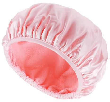 Gjinxi Wiederverwendbare 3-lagige Duschhaube, wasserdichte Duschhaube Frottee-gefütterte Haube verstellbare Duschhauben für Damen Mädchen (Rosa)