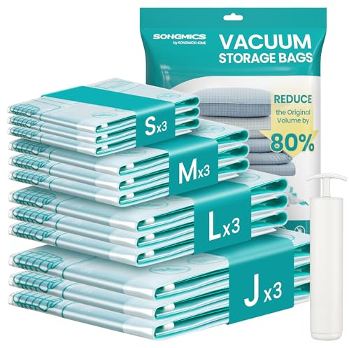 SONGMICS 12 Vakuumbeutel für Kleidung, Bettwäsche, platzsparend | Aufbewahrungsbeutel Reisen, 3 S/3 M/3 L/3 J, wiederverwendbar, transparent, ISLAND Kollektion LVB106W101