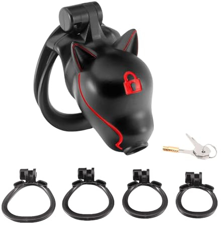 Set gabbia di castità maschile a forma di testa di cane gabbia per pene in resina di nylon con 4 misure di anelli a scatto e 2 chiavi dispositivo di castità giocattoli sessuali (Lock,1)