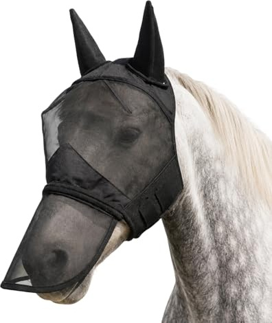 Fliegenmaske Pferd, Fliegenhaube Pferd, Fliegenmaske, Pferdeförmige Flugmaske Mit Ohren Und Öffnung, Reißverschluss, Elastisches Material, Atmungsleicht, UV-Schutz, Weiche Passform, Schwarz