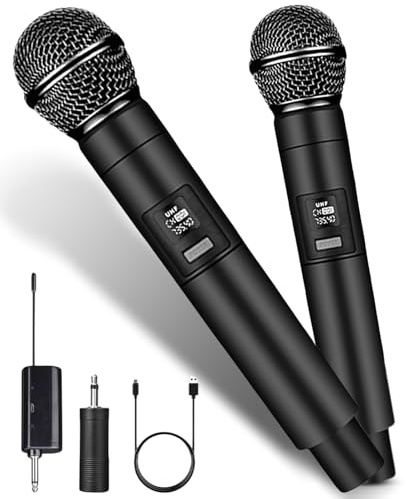 Wireless Microphones UHF Dual Channel Microphone Wireless System with A Receiver Plug and Play Less Latency Professional Dynamic Cardioid Mic Handheld for Speech,Karaoke,Singing,Outdoor,Indoor