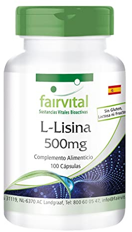 fairvital Cápsulas de L-lisina 500mg, ALTA DOSIS, aminoácido esencial, lisina HCL, 100 cápsulas