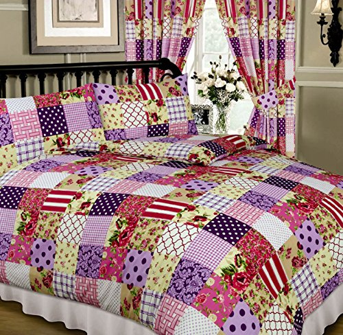 Patchwork Berry, Double Bed Duvet / Quilt Cover Set, Floral Damask Polka Dots Spots Flowers Thatch Weave Tartan Check, Purple Aubergine Plum Pink Cream White Beige by Ambiance