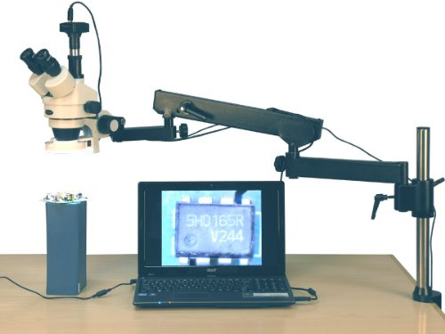 AmScope SM-8TZ-144S-8M Digital Professional Trinocular Stereo Zoom Microscope, WH10x Eyepieces, 3.5X-90X Magnification, 0.7X-4.5X Zoom Objective, 144-Bulb LED Ring Light, Articulating-Arm Boom Stand, 110V-240V, Includes 0.5x and 2.0x Barlow Lenses and 8MP Camera with Reduction Lens and Software
