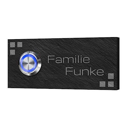 Individuelle Naturschiefer Klingel mit personalisierter Gravur - Türklingel Modell Funke 9x4 cm | Optional mit beleuchtetem Klingelknopf und Dekorplatte aus Acrylglas