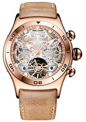 REEF TIGER Sport herr Tourbillon klocka multifunktionell rosguld skelett kvartsur RGA703, Rga703-pwb, armband