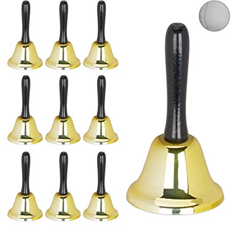 10 x Tischglocke Handglocke, lauter Klang, Holzgriff, Schule, Rezeption, Weihnachtsdeko, Eisen, 12 cm groß, gold