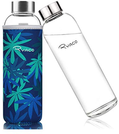 Ryaco Bottiglia d'Acqua 550 ml/18oz, Borraccia Vetro Portatile con Guaina per Bevande Calde e Fredde, Senza BPA, Borraccia in Vetro con Pennello in Spugna, Lavabile in Lavastoviglie
