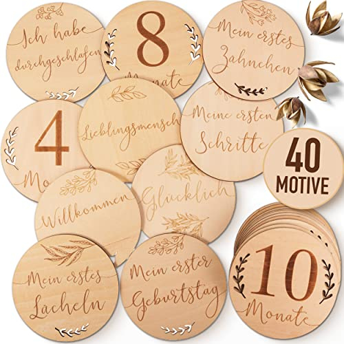 OLGS Meilensteinkarten Holz Baby | 40 Meilensteine inkl. Stoffbeutel | Geschenkidee für werdende Mütter & Eltern | Kind, Geburt, Schwangerschaft verkünden Babyparty | 20 Holzscheiben - Rund Ø 10cm