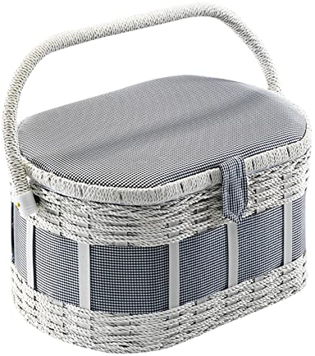 Kobolo Nähkästchen Nähkorb Nähkörbchen Nähkasten - blau-weiß kariert - 28x19x16 cm