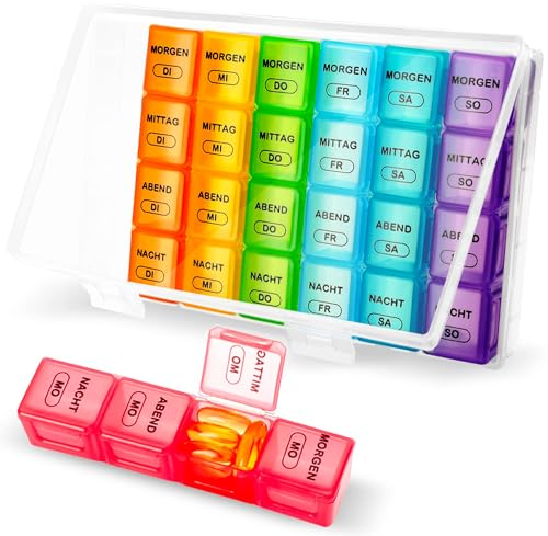 Tablettenbox 7 Tage Große Fächer, Medikamentenbox 7 Tage 4 Fächer BPA Frei Tabletten Box 7 tage Morgens Mittags Abends Nachts, Woche Pillen Organizer Pillendose Groß Reise für Vitamin