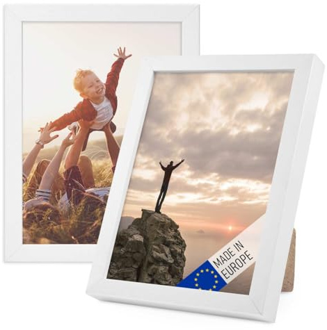 PHOTOLINI Bilderrahmen Holz 13x18 Weiß, Holzbilderrahmen Made in EU, 2er Set, bruchsicheres Acrylglas, zum Aufhängen & Aufstellen, extra Zubehör - für Ihre liebsten Fotos & Bilder